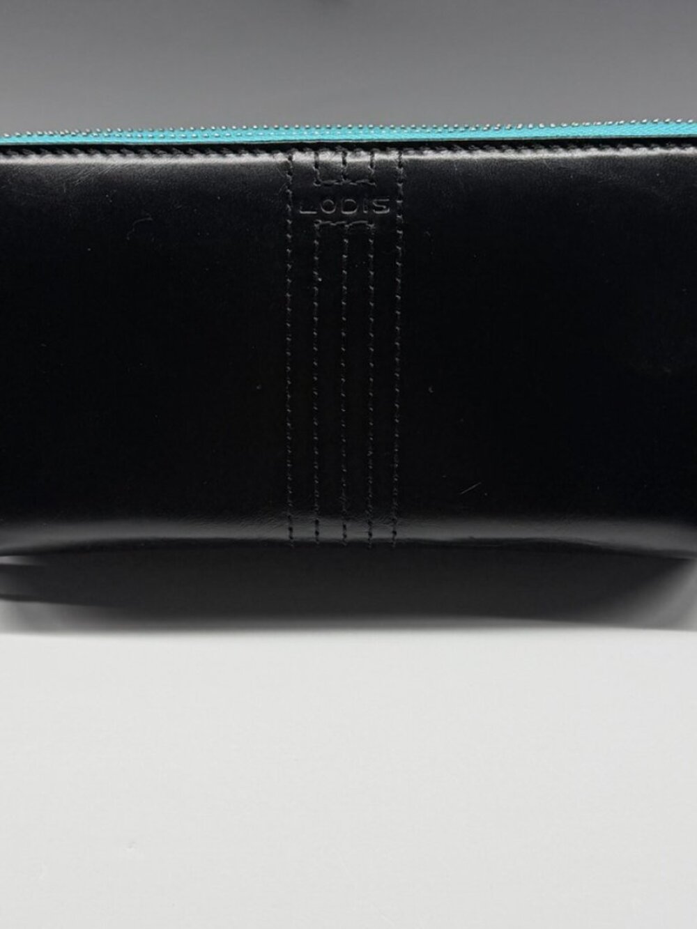 LODIS Black Leather Double Zip Wristlet Wallet Teal & Black Silver Hardware NWT - Picture 8 of 14